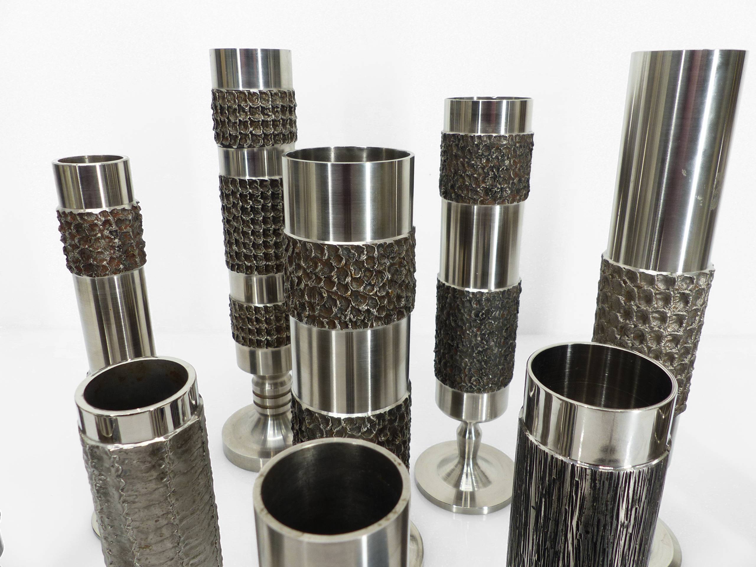 Set of 13 brutalist Space Age vases in steel – BMF, Germany, circa 1970