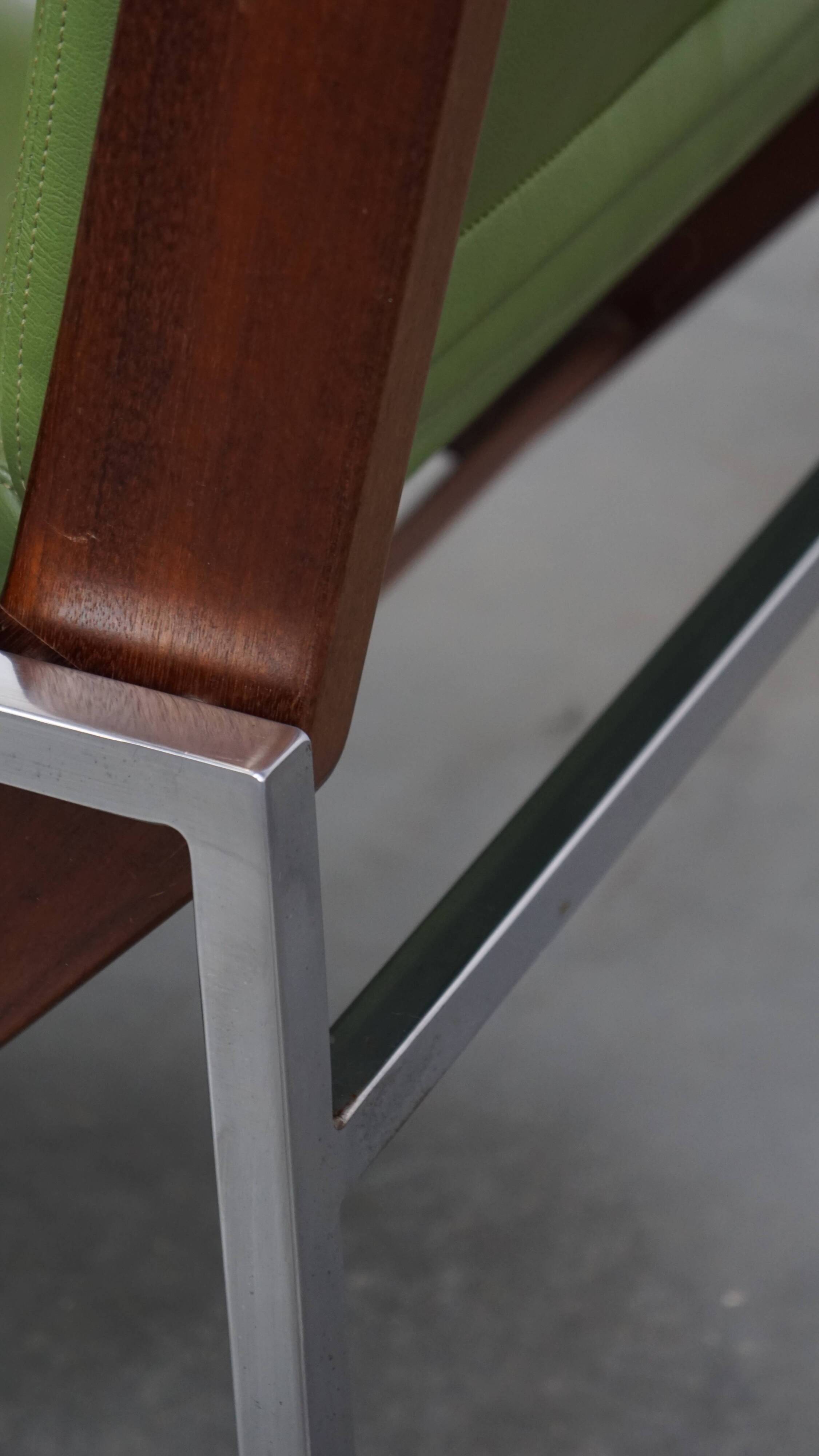 Green cowhide Leather and Wooden Vintage Armchair