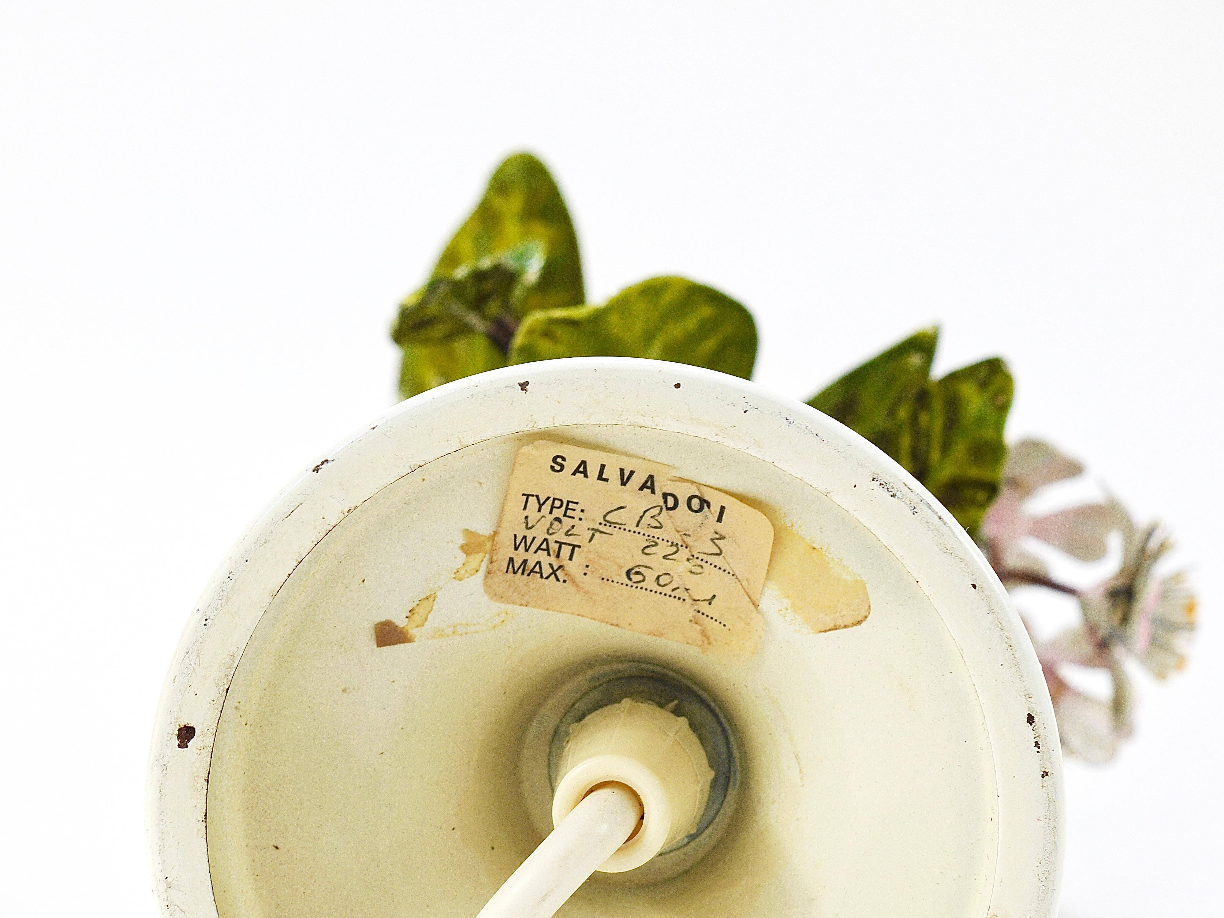 Hand-painted Toleware table lamp with wild apple blossom flowers, Salvadori, Italy, 1950s.