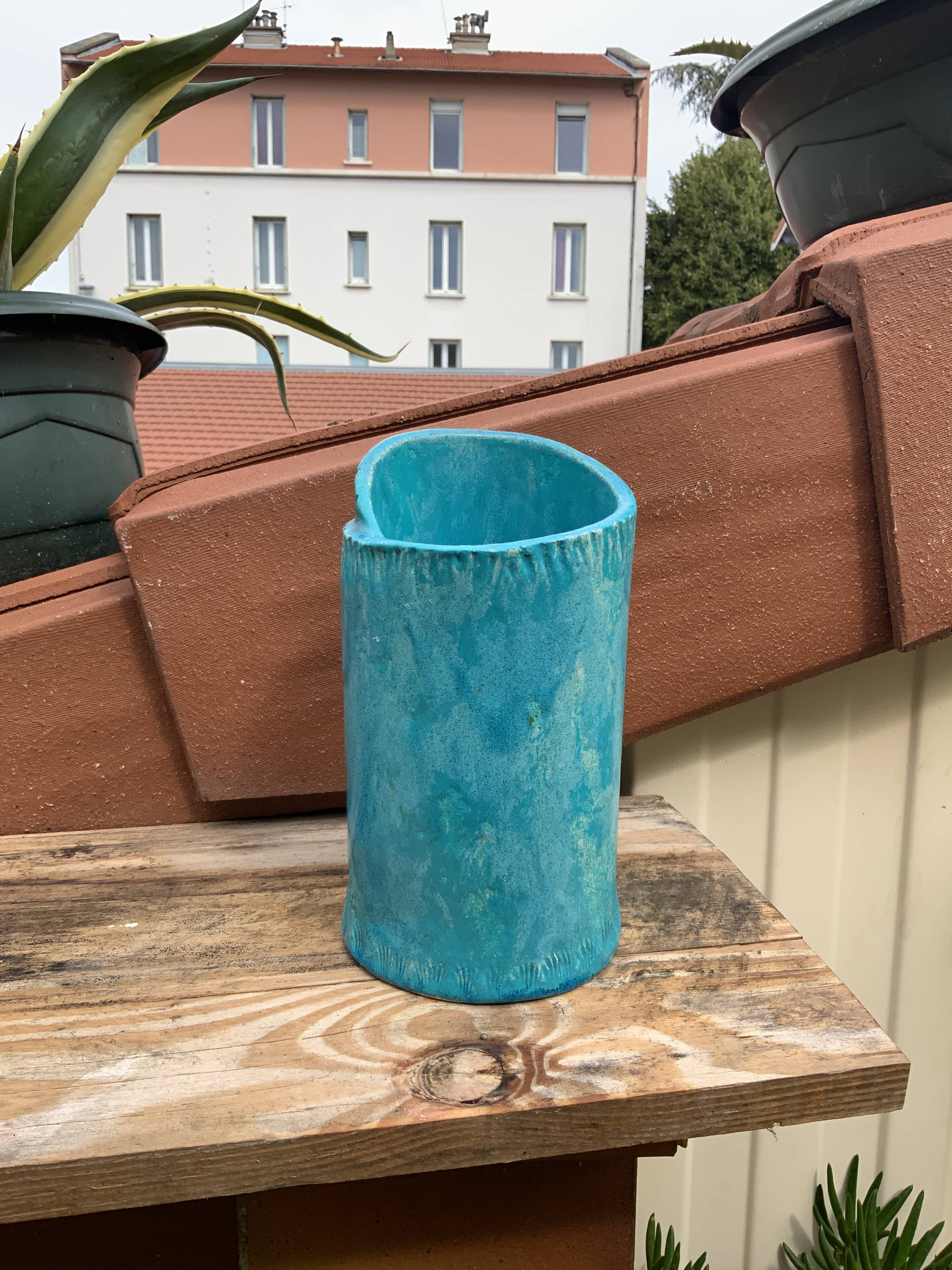 Vintage blue soliflore ceramic vase signed AI