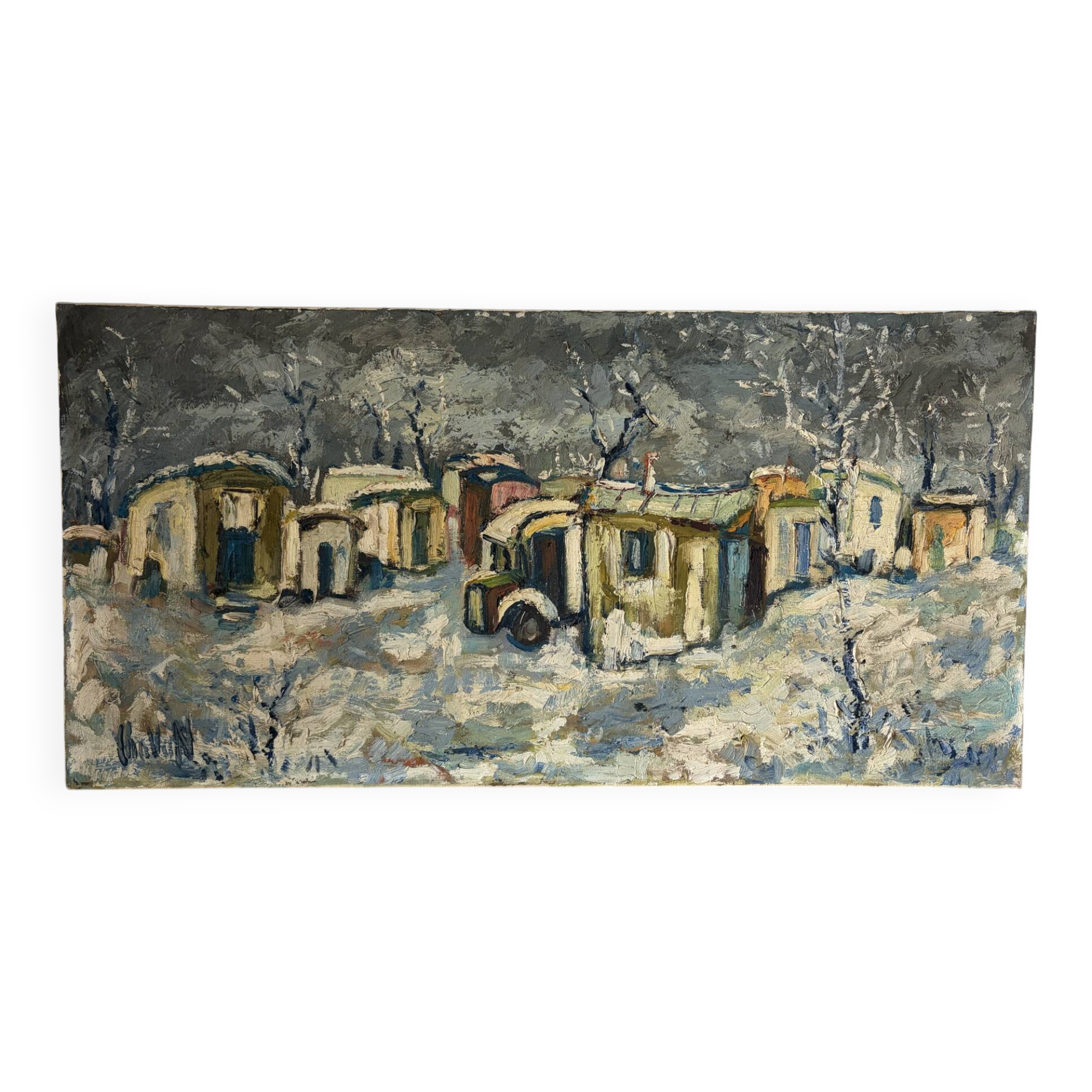 Snowy village, knife oil, signed