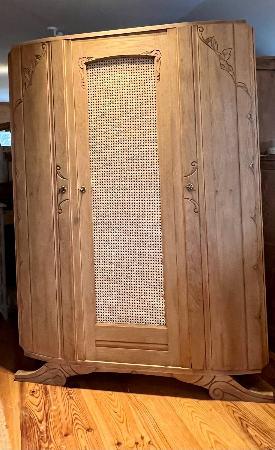 Antique solid oak wardrobe with caning.