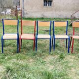 Set of 5 school chairs years '70 in red and blue