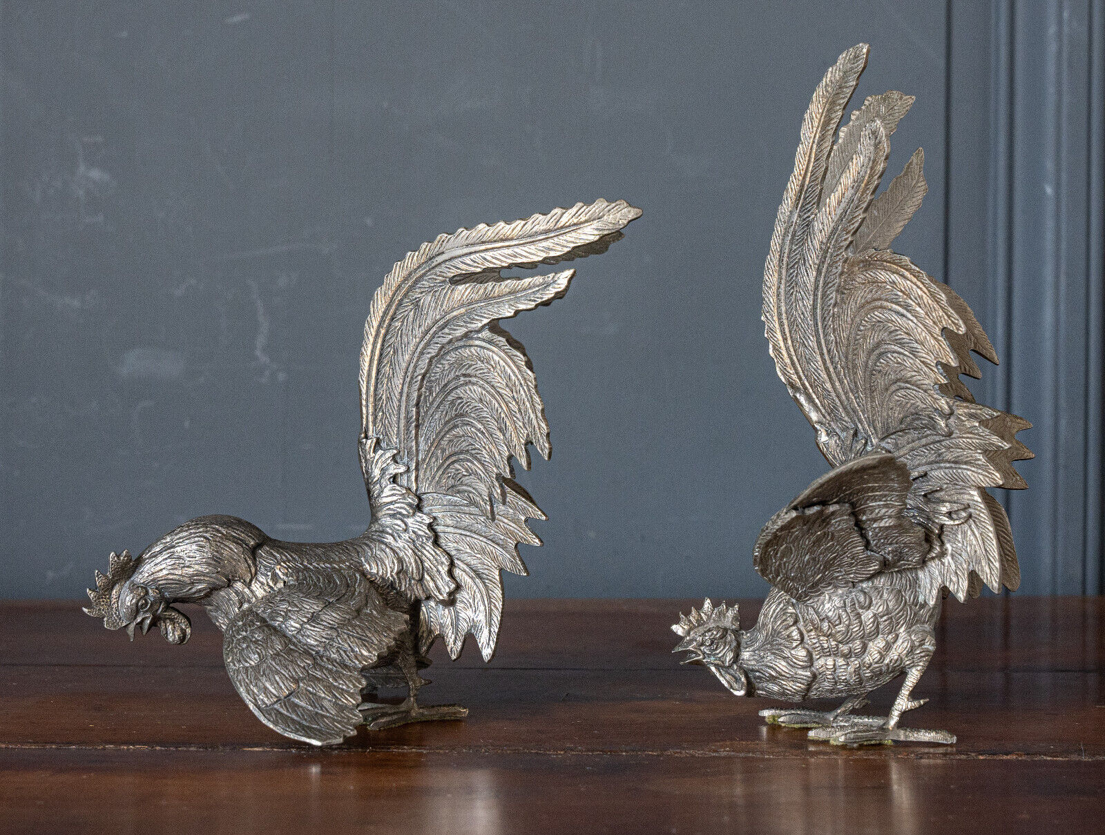 Two roosters in silver metal mid-twentieth century