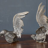 Two roosters in silver metal mid-twentieth century