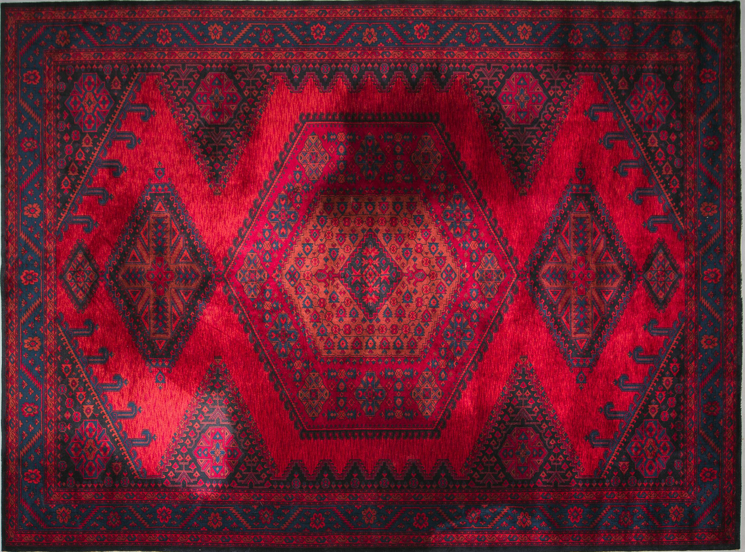 Tapis du Moyen-Orient en laine rouge et bleu tribal, années 1950