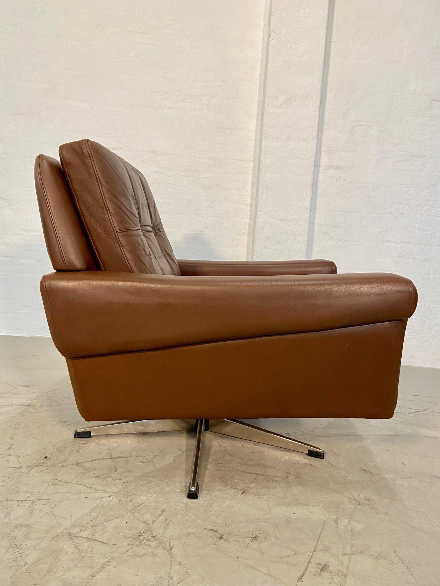 Vintage danish retro mid-century svend skipper brown leather chair & stool 60s