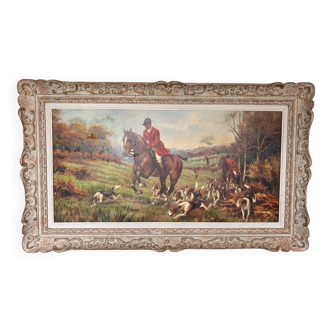 Oil Painting Canvas Hunting Hound Horse Signed Lebailly