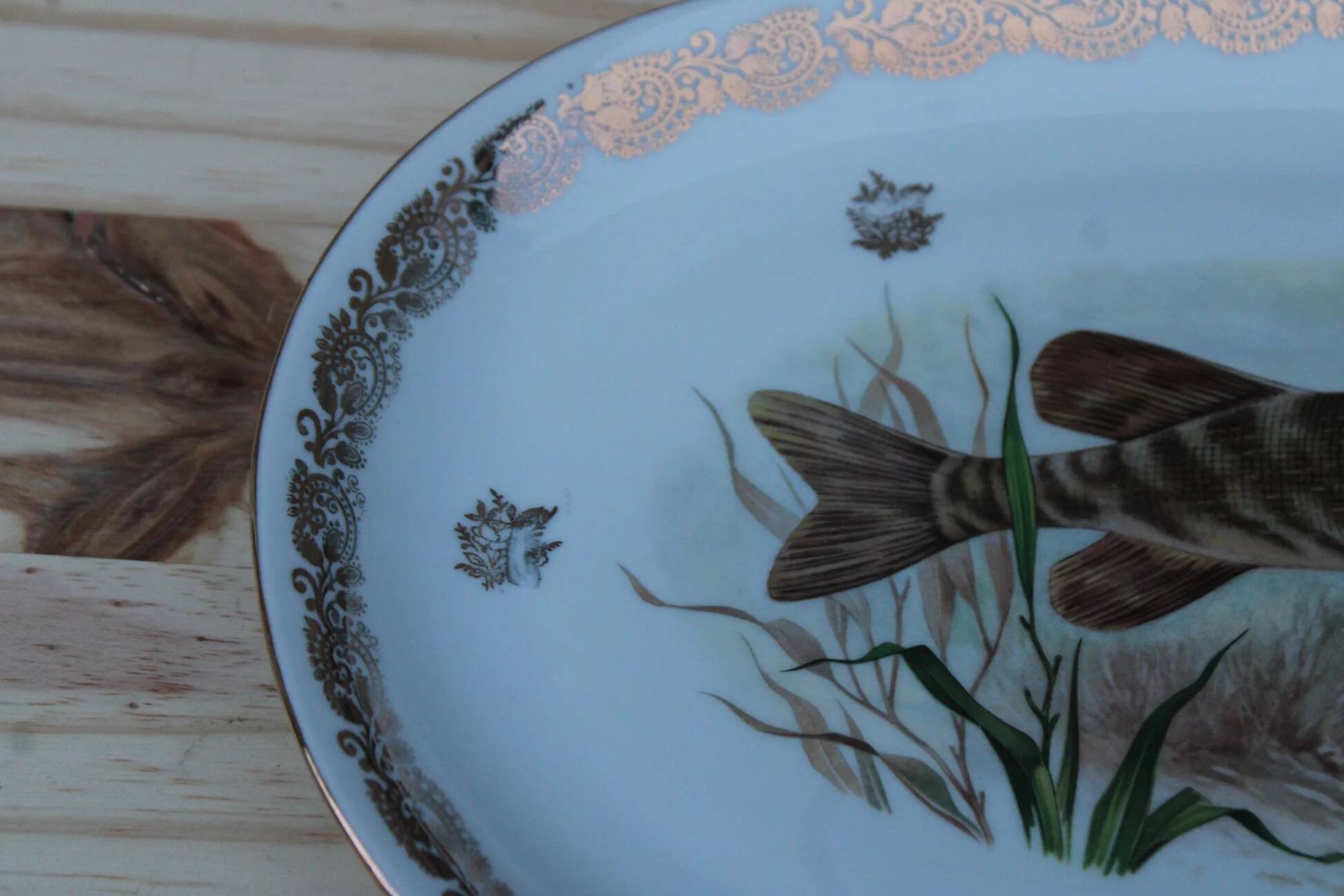 Large French porcelain dish L.C – Painted pike & gilded frieze