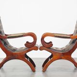 Set of 2 Green Leather English Chesterfield Armchairs Combined with wood