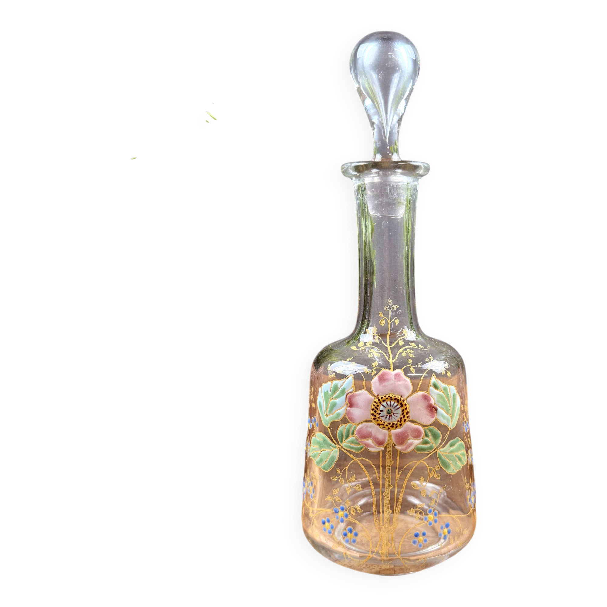 Glass carafe with enamel floral decoration and stopper – vintage