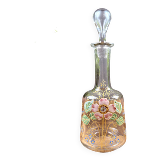 Glass carafe with enamel floral decoration and stopper – vintage