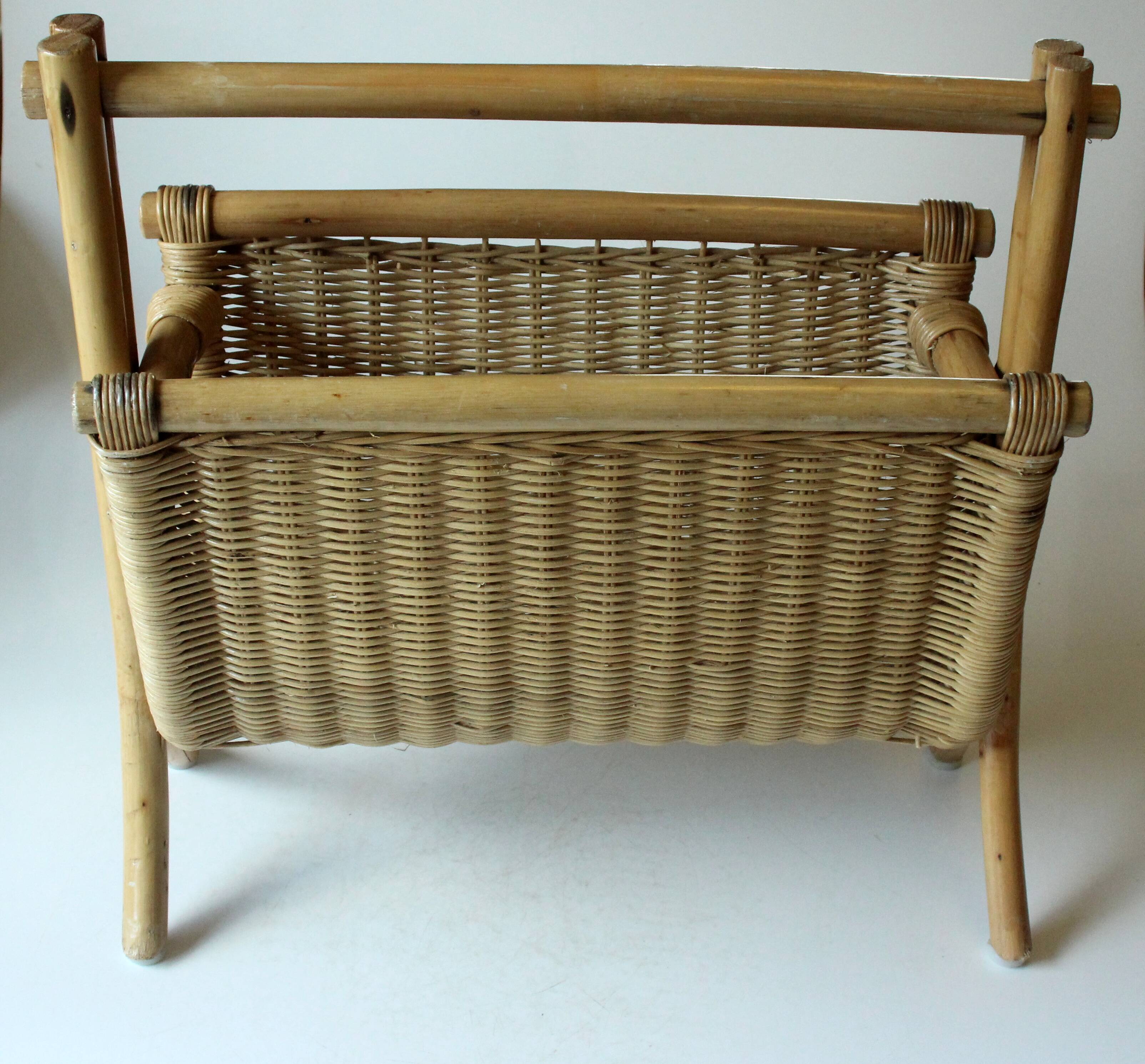 Magazine rack made of bamboo, rattan and wood, vintage from the 70s