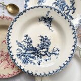 10 mismatched vintage soup plates in blue, green, and red ironstone