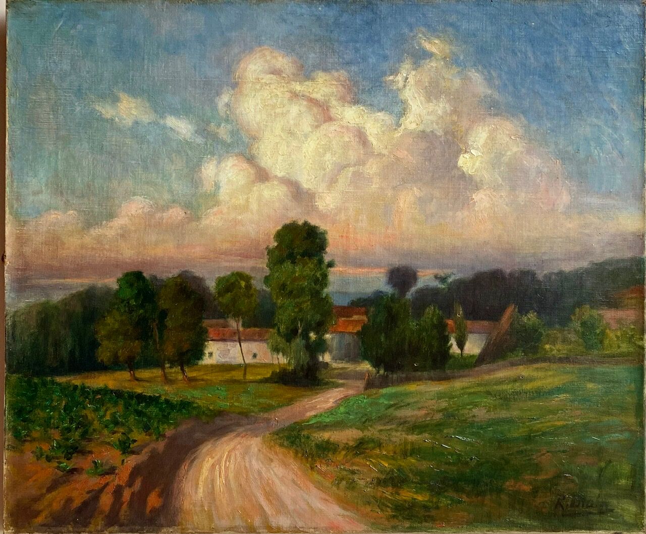 Tableau ancien paysage champêtre signé blain début xx siècle