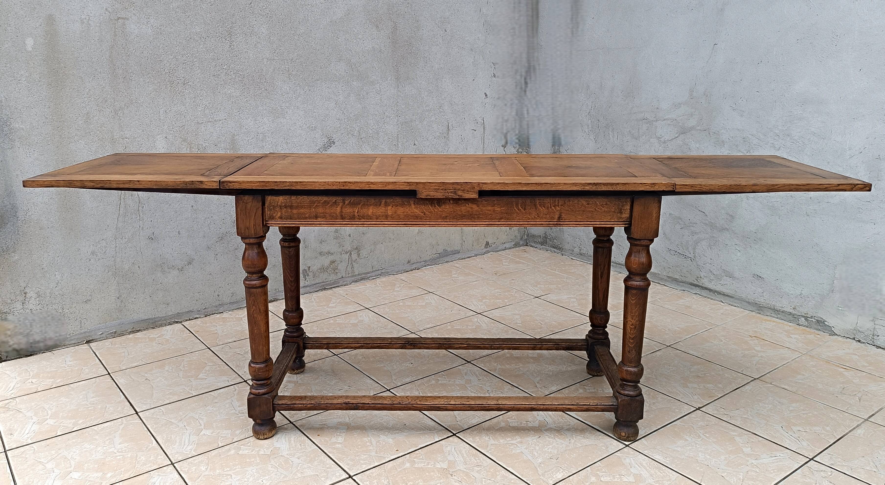 Table console rustique à rallonges en chêne début 20ème