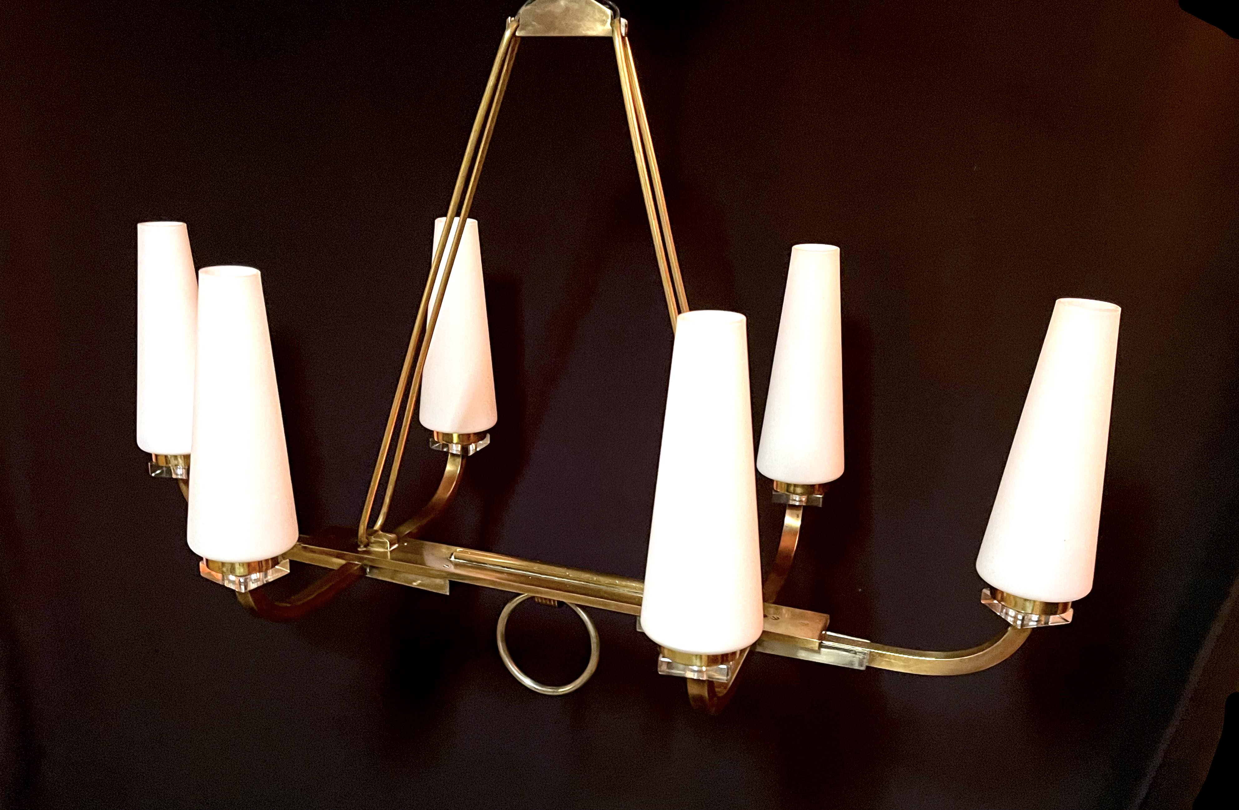 Maison Lunel certified bronze chandelier, six conical opalines, mid-century France