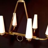 Maison Lunel certified bronze chandelier, six conical opalines, mid-century France