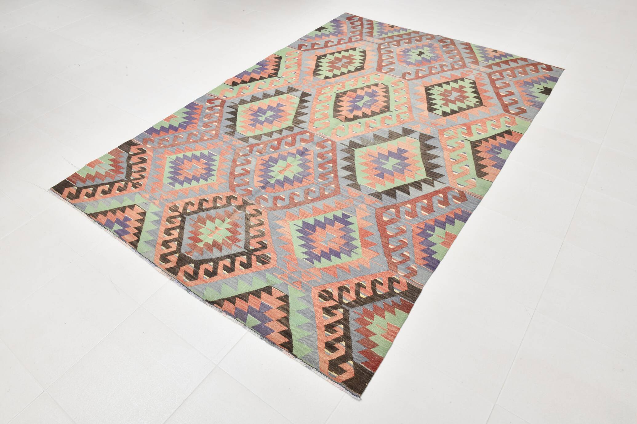 6x9 Green & Salmon Geometric Kilim Rug, 177x266Cm