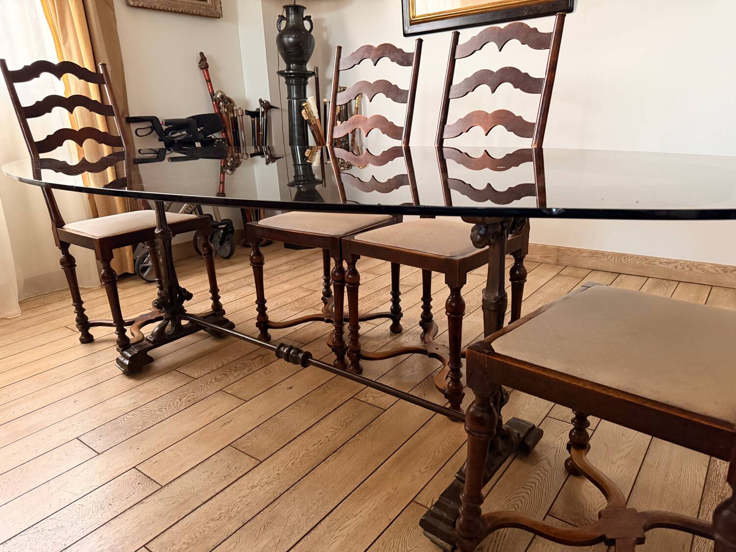 Large antique dining table in wrought iron and smoked glass,