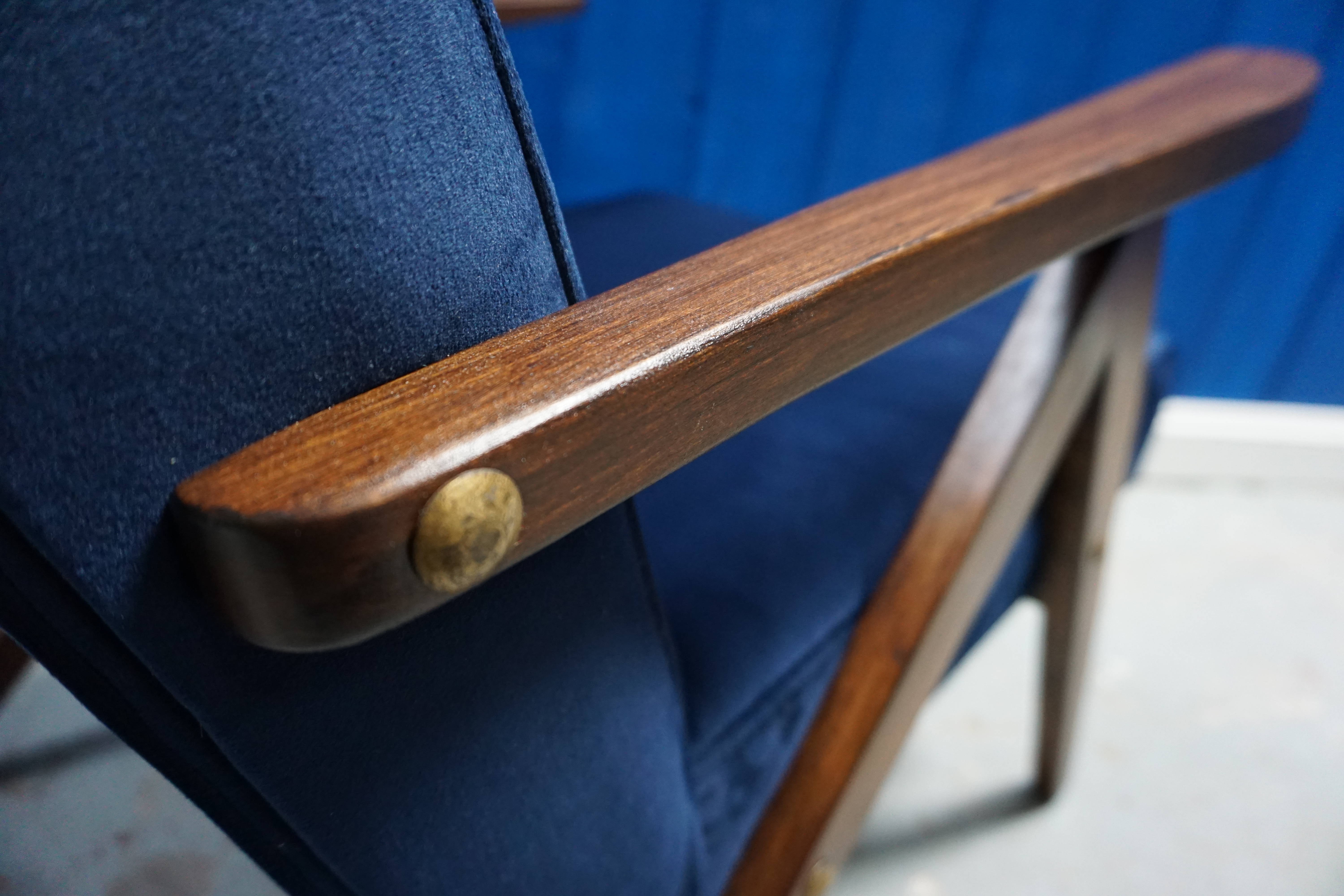 Mid century modern easy chairs from 1960's in navy blue velvet, set of 2