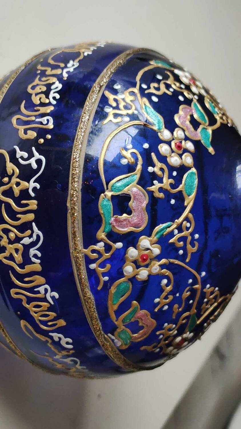 Cobalt blue ball vase/Hand painted floral motifs & raised gold edging
