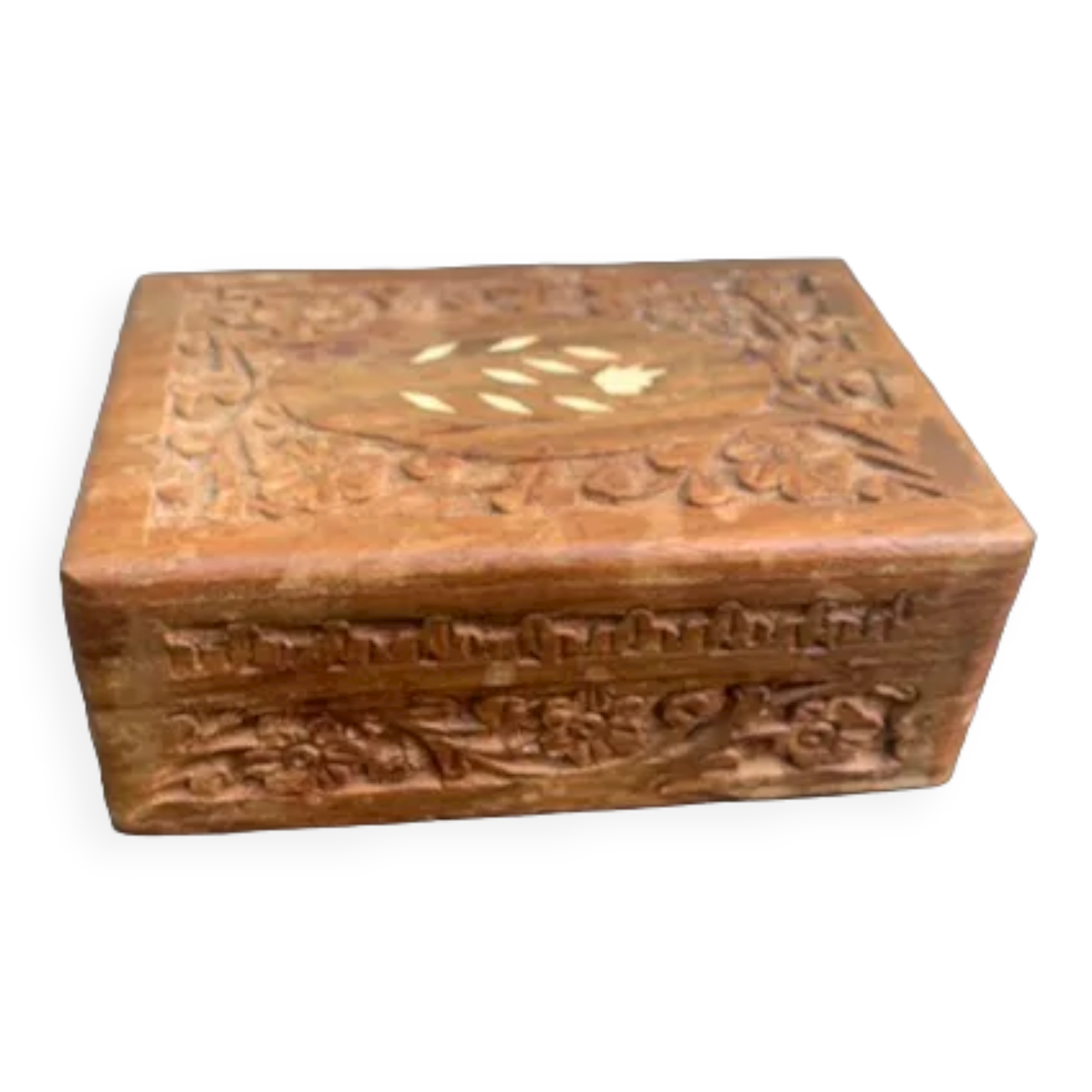 Jewelry box or card box in chiseled wood and vintage mother-of-pearl