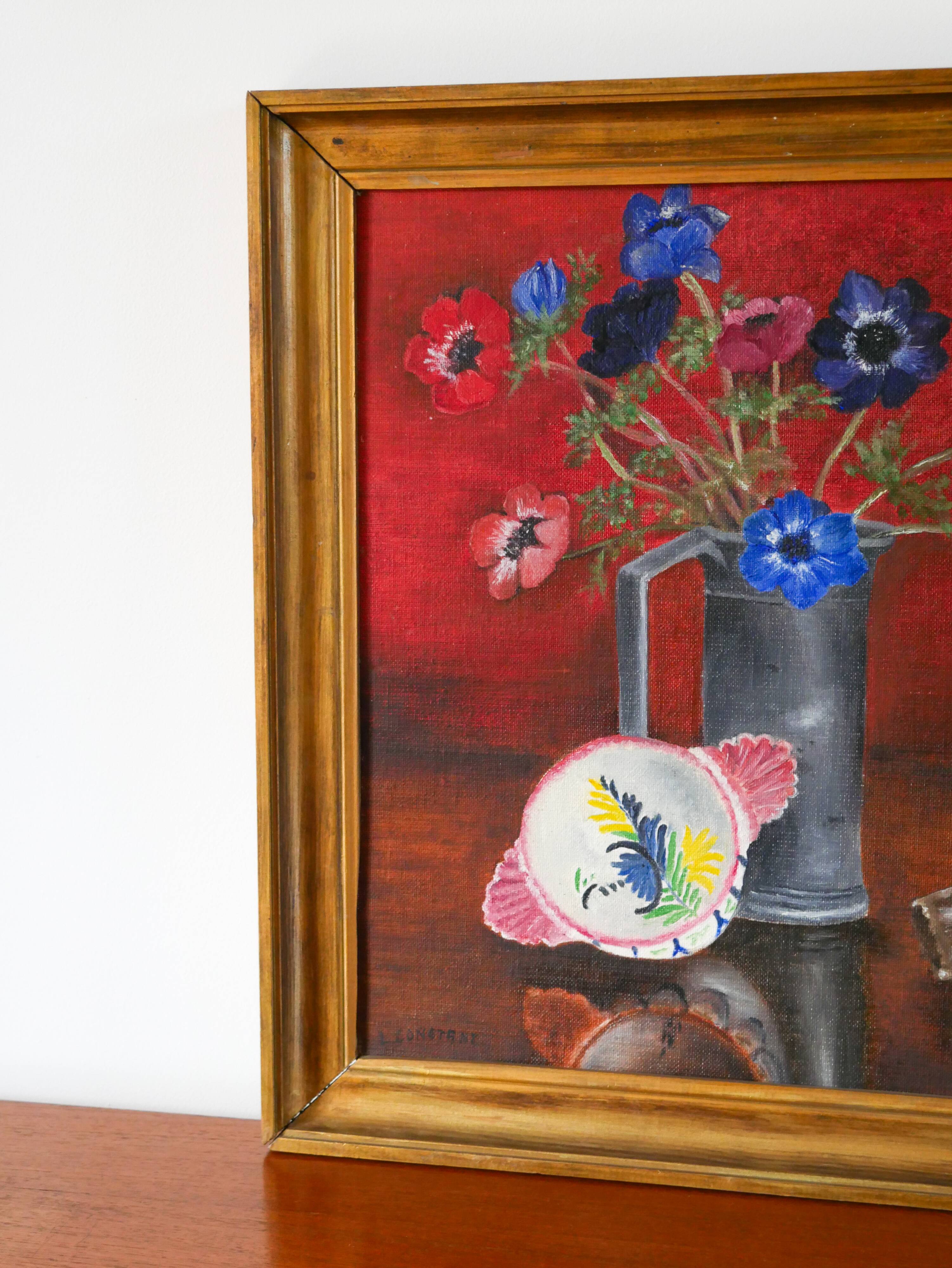 oil painting on panel still life red and blue bouquet 1950