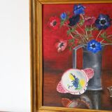 oil painting on panel still life red and blue bouquet 1950
