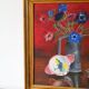 oil painting on panel still life red and blue bouquet 1950