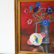 oil painting on panel still life red and blue bouquet 1950