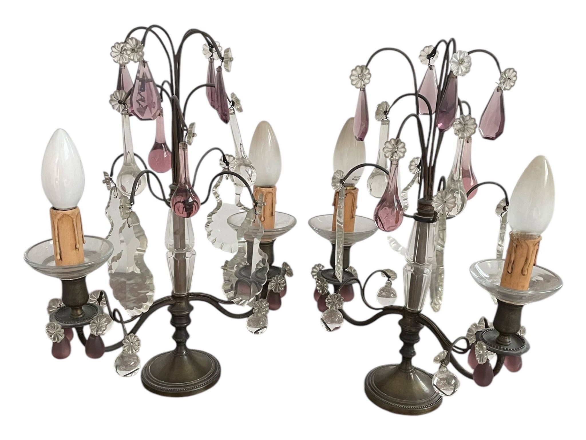 pair of chandeliers, lamp, silver-plated metal, crystal, tassels, florets, pendant, rosettes