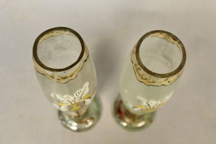 Pair of glass vases with iris enamelled decor
