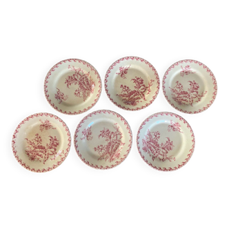 Set of 6 Gien Porcelain Red Thistles Plates