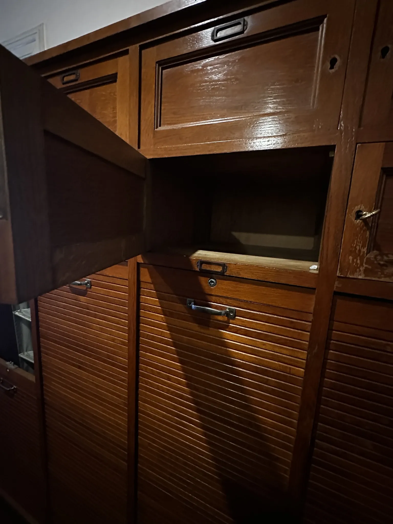 Vintage oak workshop cabinet, 4 columns with curtains – craft furniture