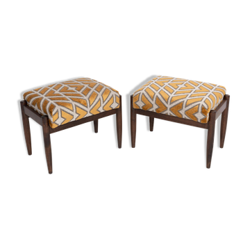 Pair of vintage velvet stools with a yellow pattern, Edmund Homa, 1960s.