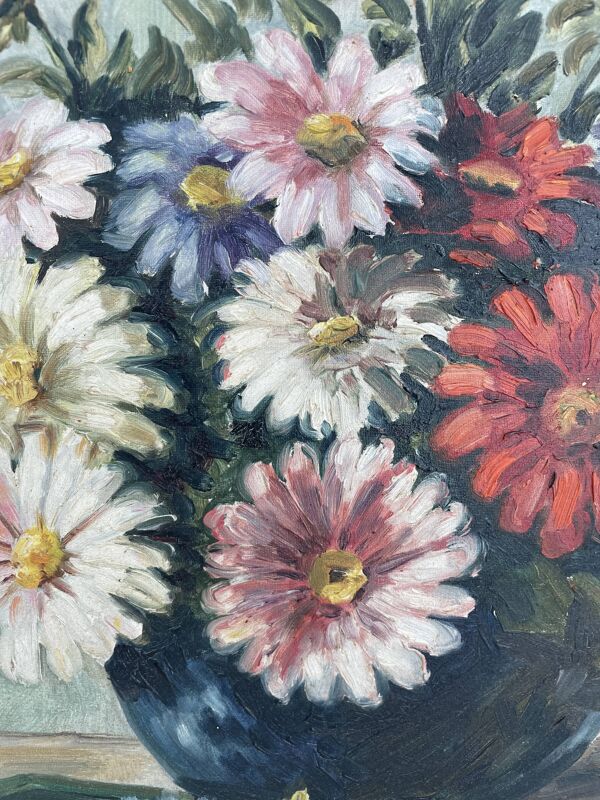 Vintage, peinture à l'huile, nature morte au bouquet de fleurs, livre, XXème siècle, signé