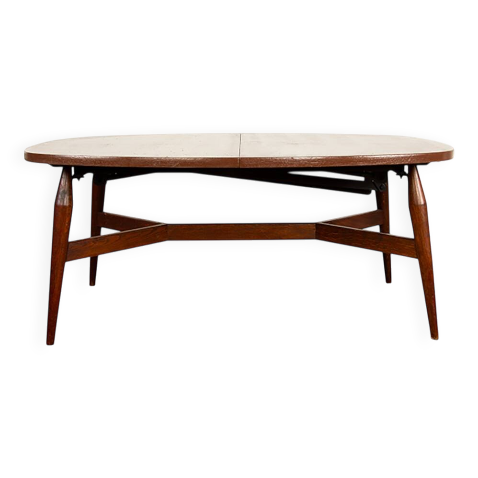 Danish high and low table in teak and brown lacquered wood, Smørrebrø model