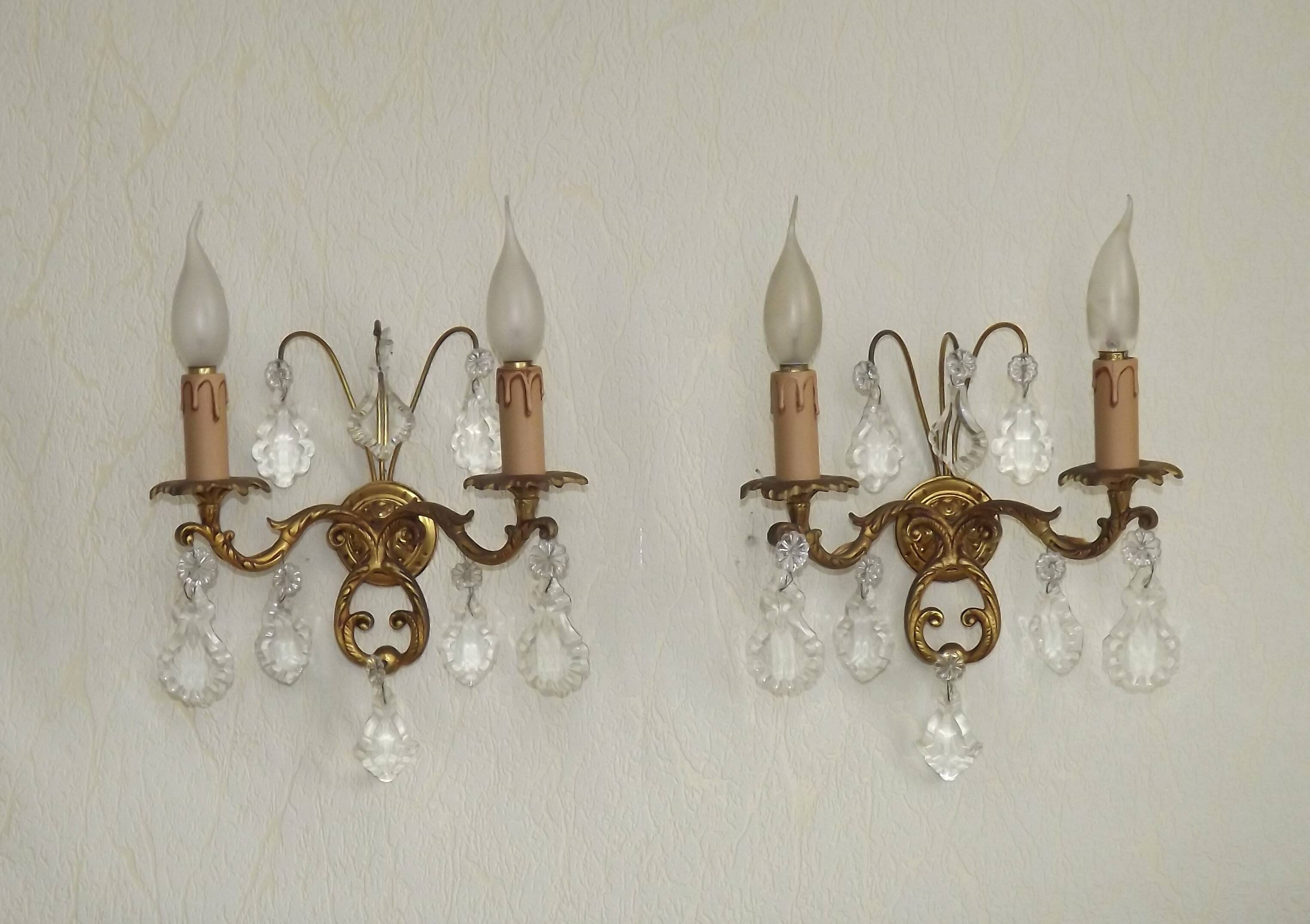 Pair of French Vintage Bronze Double Wall Lights Assorted Crystals 5331