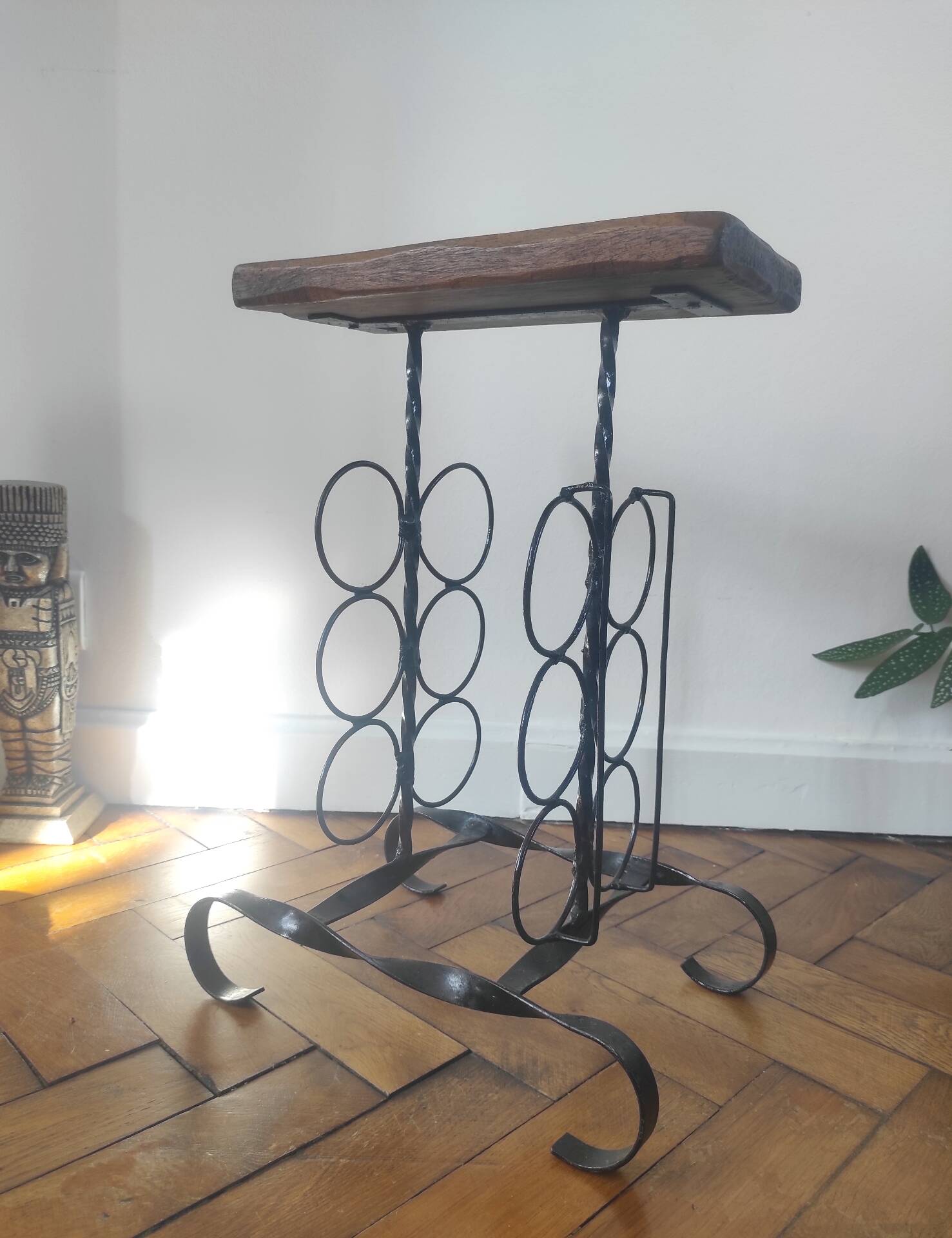Side table, brutalist bottle holder in wrought iron and solid wood.