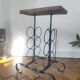 Side table, brutalist bottle holder in wrought iron and solid wood.