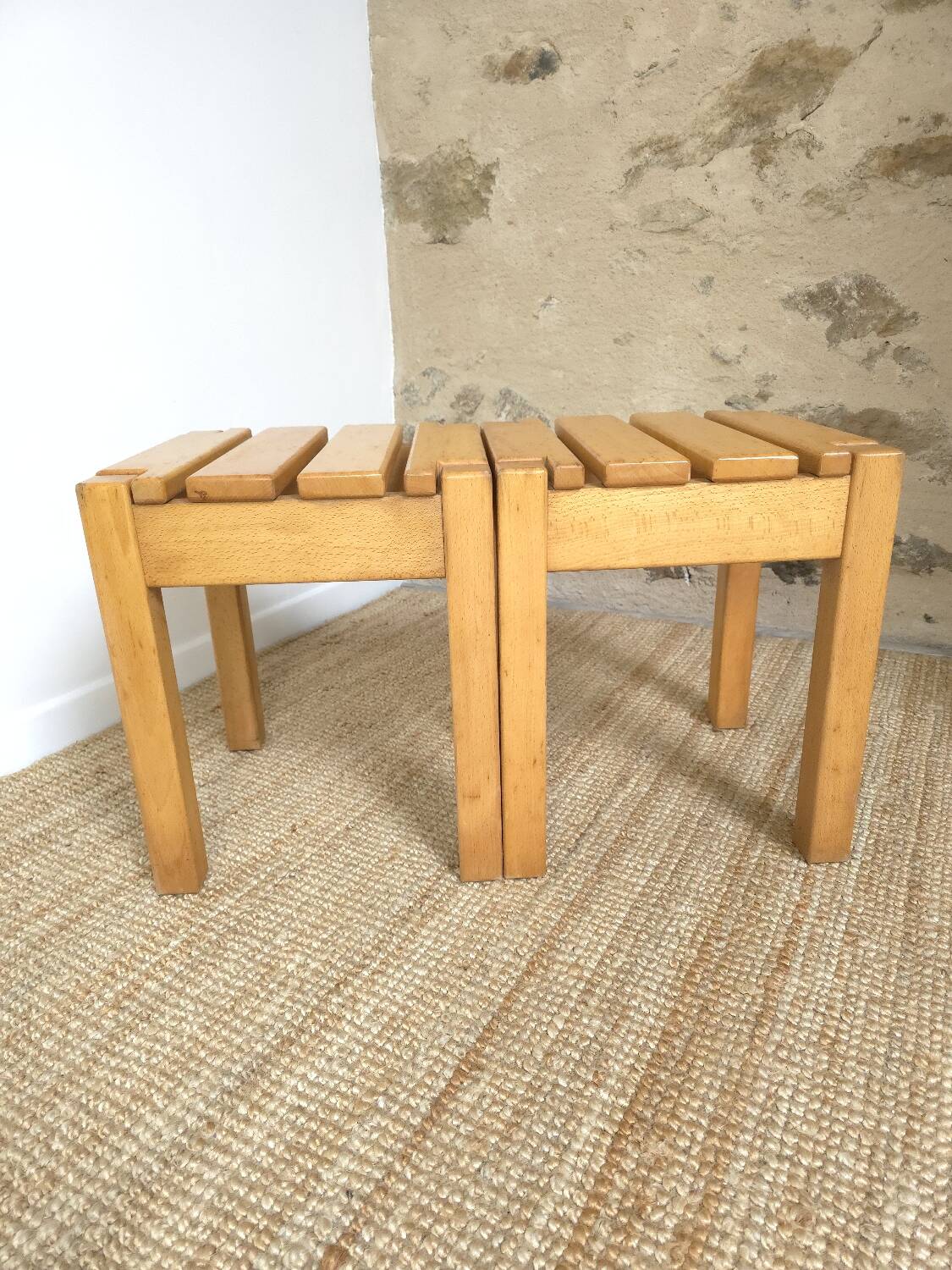 2 solid beech wood stools 1980