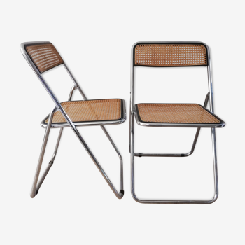 Pair of folding chairs in caning and chromed tube