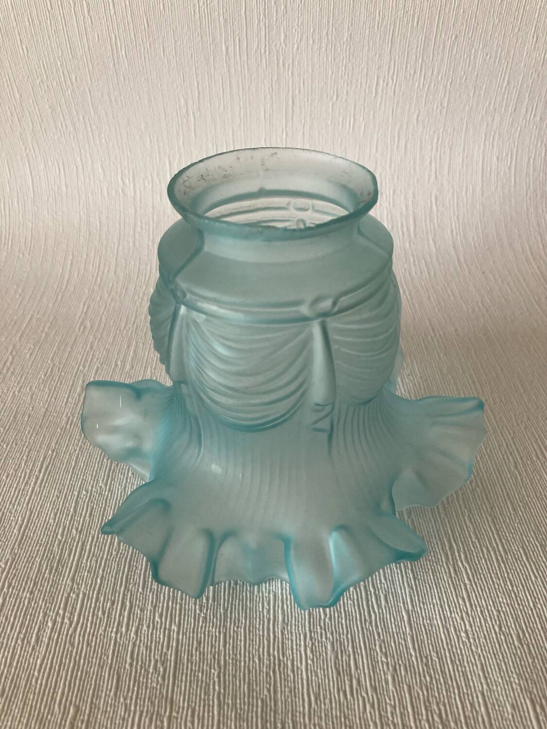 Antique tulip lampshade in blue frosted glass with pleated crown