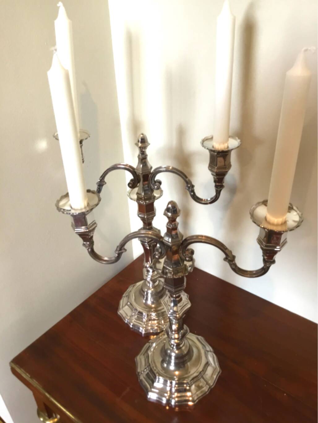 Pair of silver-plated metal candelabra in the Regency style