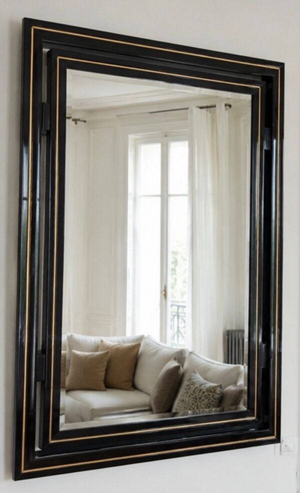 Miroir Pierre Vandel Paris noir laqué et liserés dorés