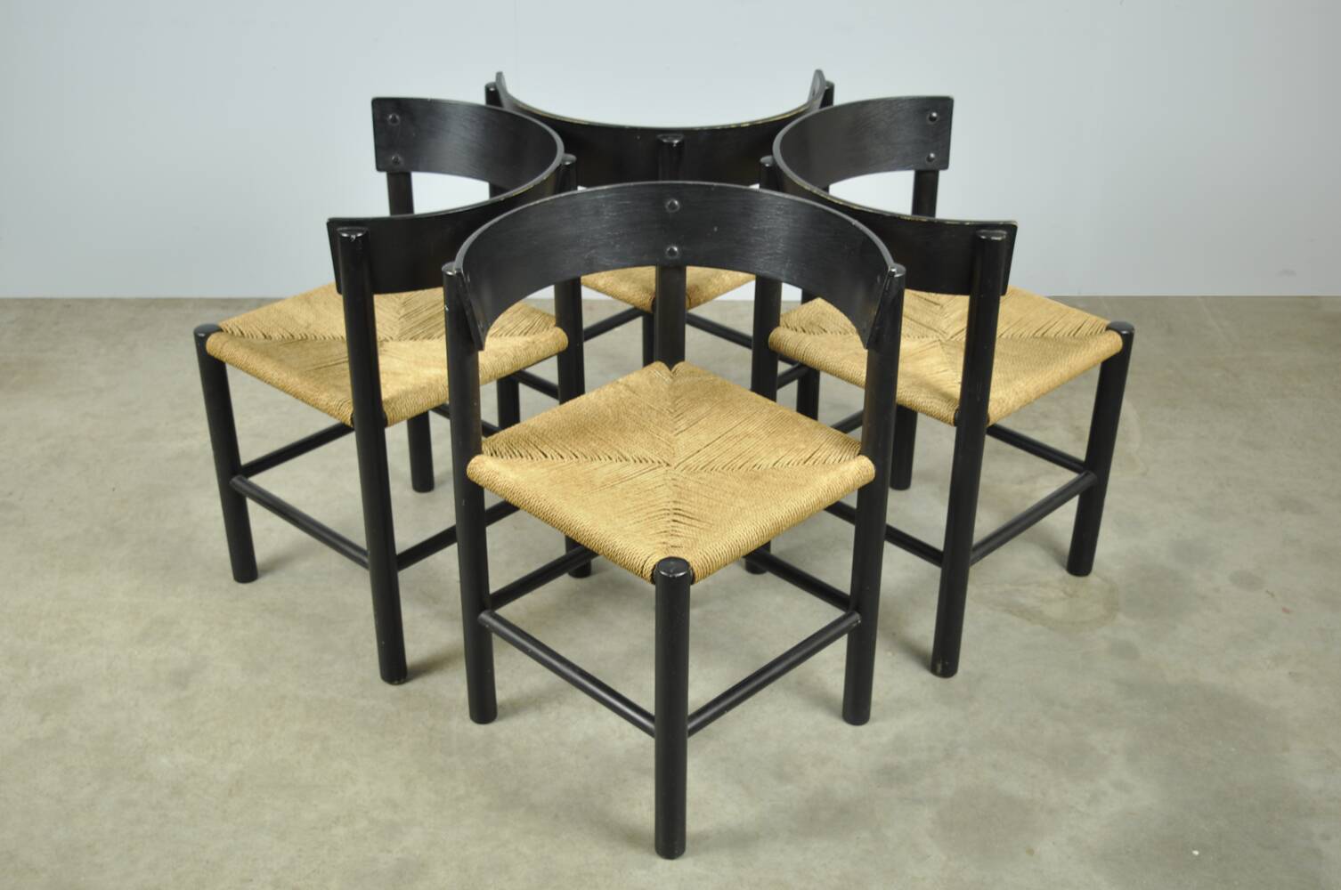 Fritz hansen / scandinavian papercord dining chairs (4) / mogens lassen / denmark 1960s