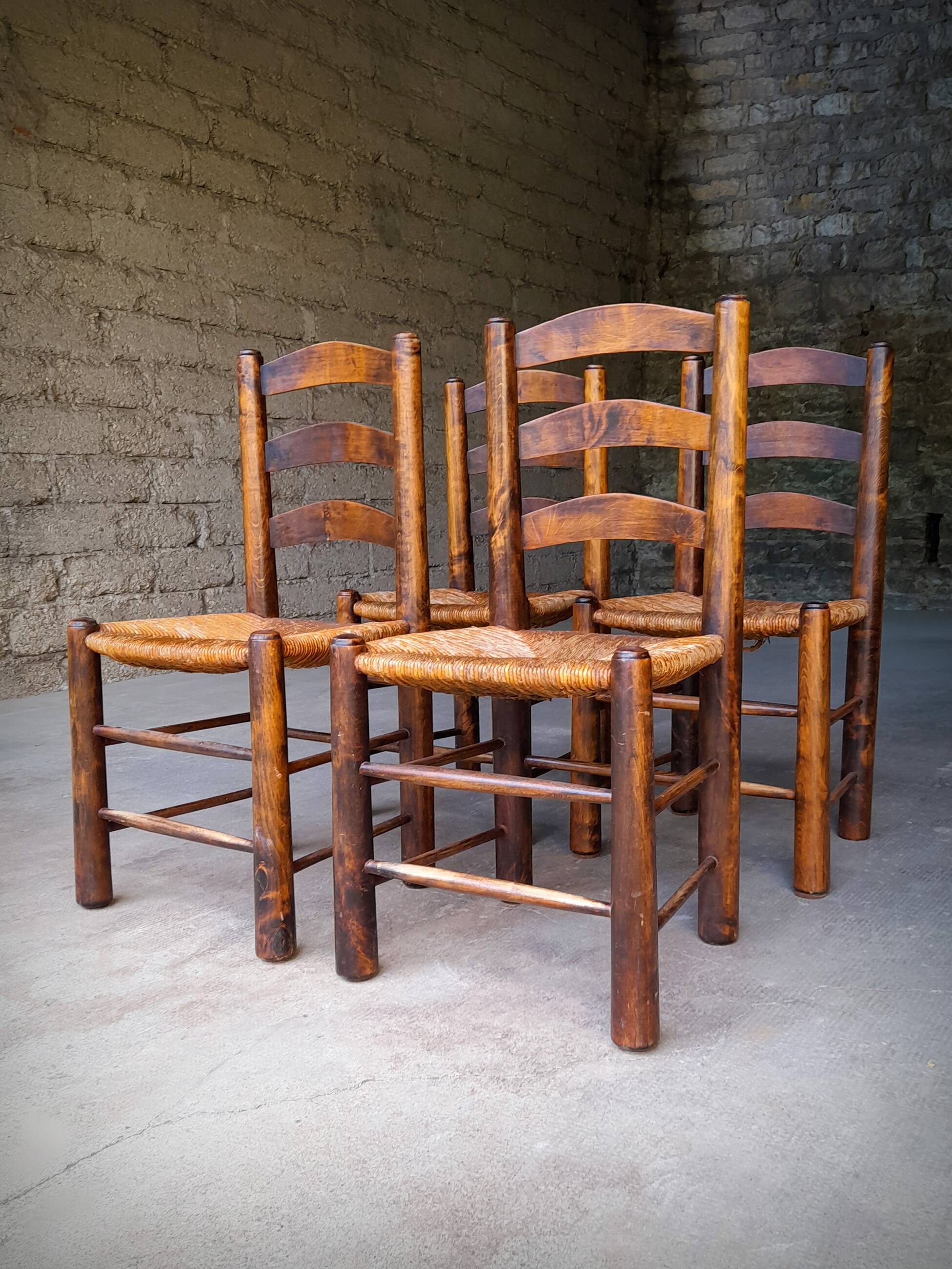 Set of 4 straw-covered brutalist chairs by George Robert