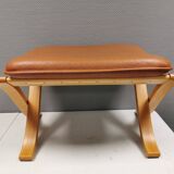 Folding Stool, in light beech wood with cognac colored leather cushion.
