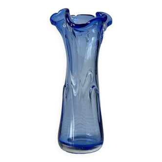 Handmade Murano style thick blue glass cobra vase